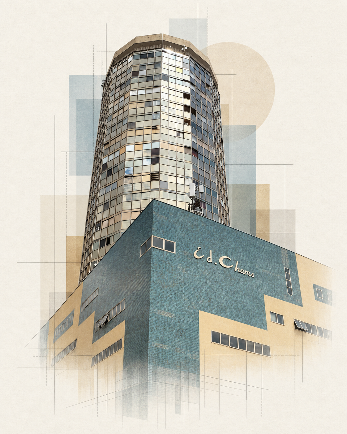 Interpretação editorial da torre e da fachada do Edifício Chams vista de baixo